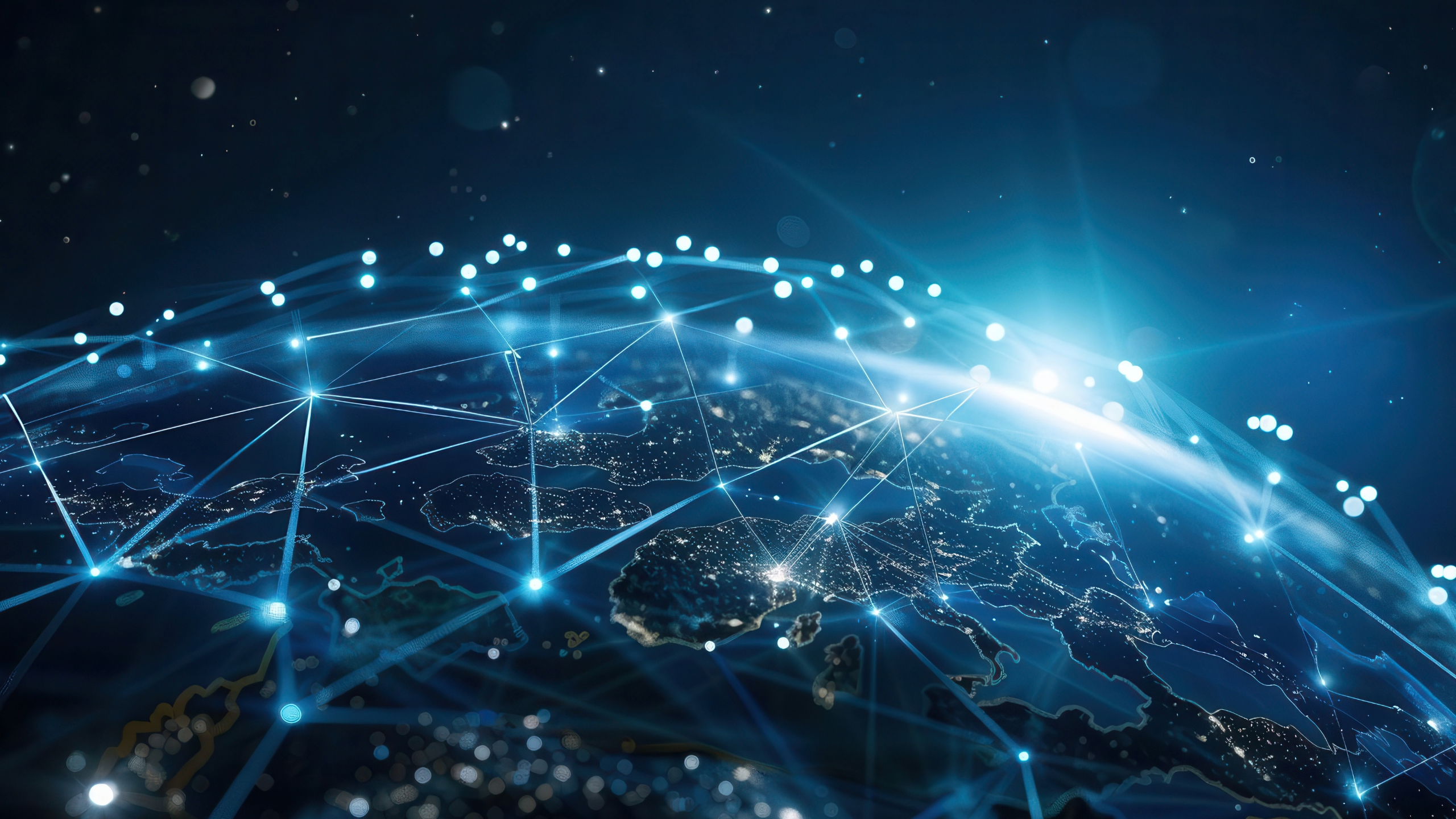 Satellite image of the world with illustrated blue laser connections