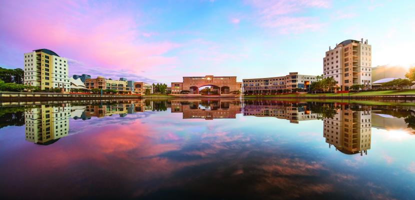 Lake Orr and Bond University Arch at sunset.