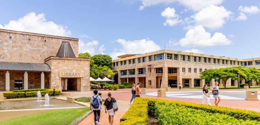 Bond University Quadrangle and exterior of Library and Bond Business School.