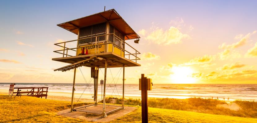 A lifesaving hut on a Gold Coast beach at sunrise