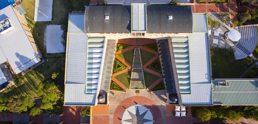 Aerial of Bond University's Arch and Quadrangle.
