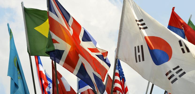 Image of many international flags, including Great Britain and Korea